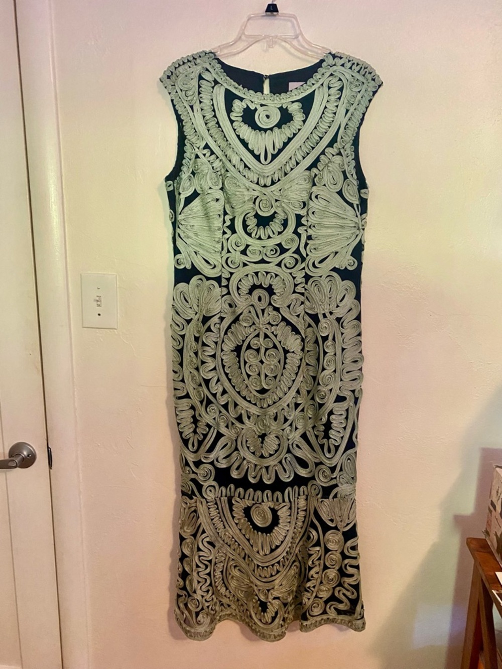 JS Collections Blue Form Fitting Dress with Sage Green Embroidered Overlay